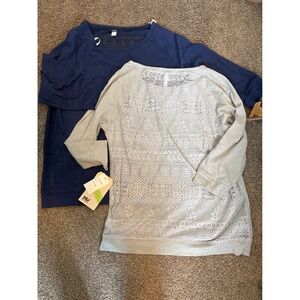 MV Sport Lace Back Raglan Tops Womens L Blue Grey NWT 2 Pack Crochet Knit W15408